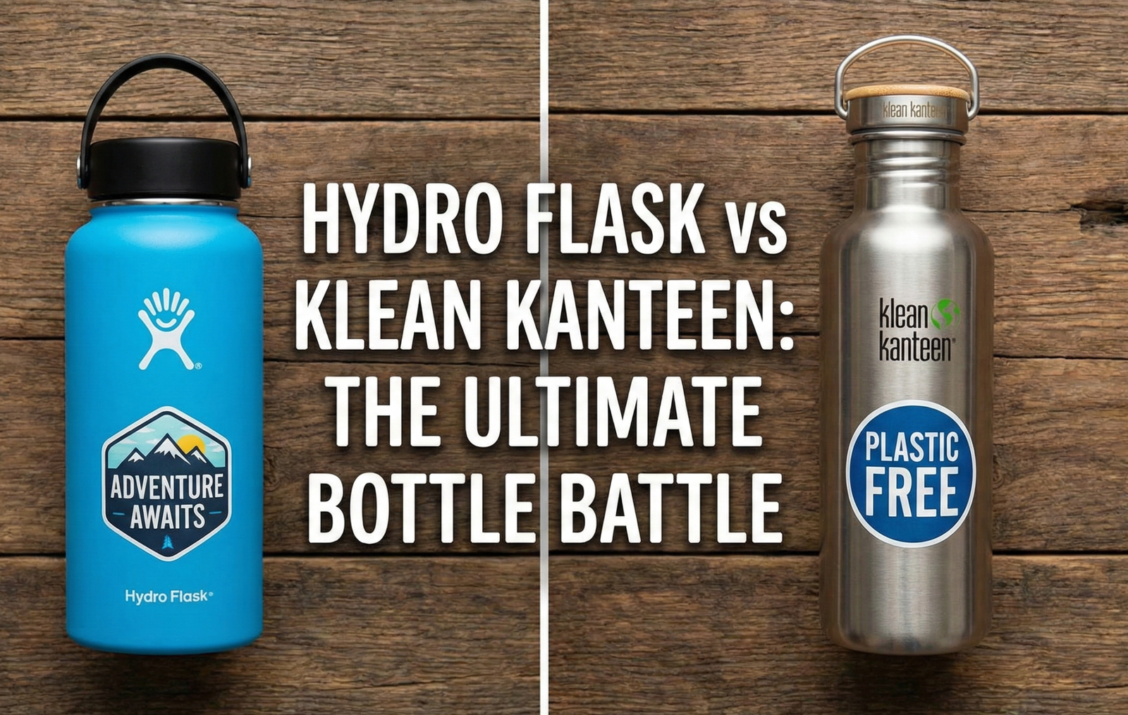 Hydro Flask and Klean Kanteen bottles side by side on a hiking trail
