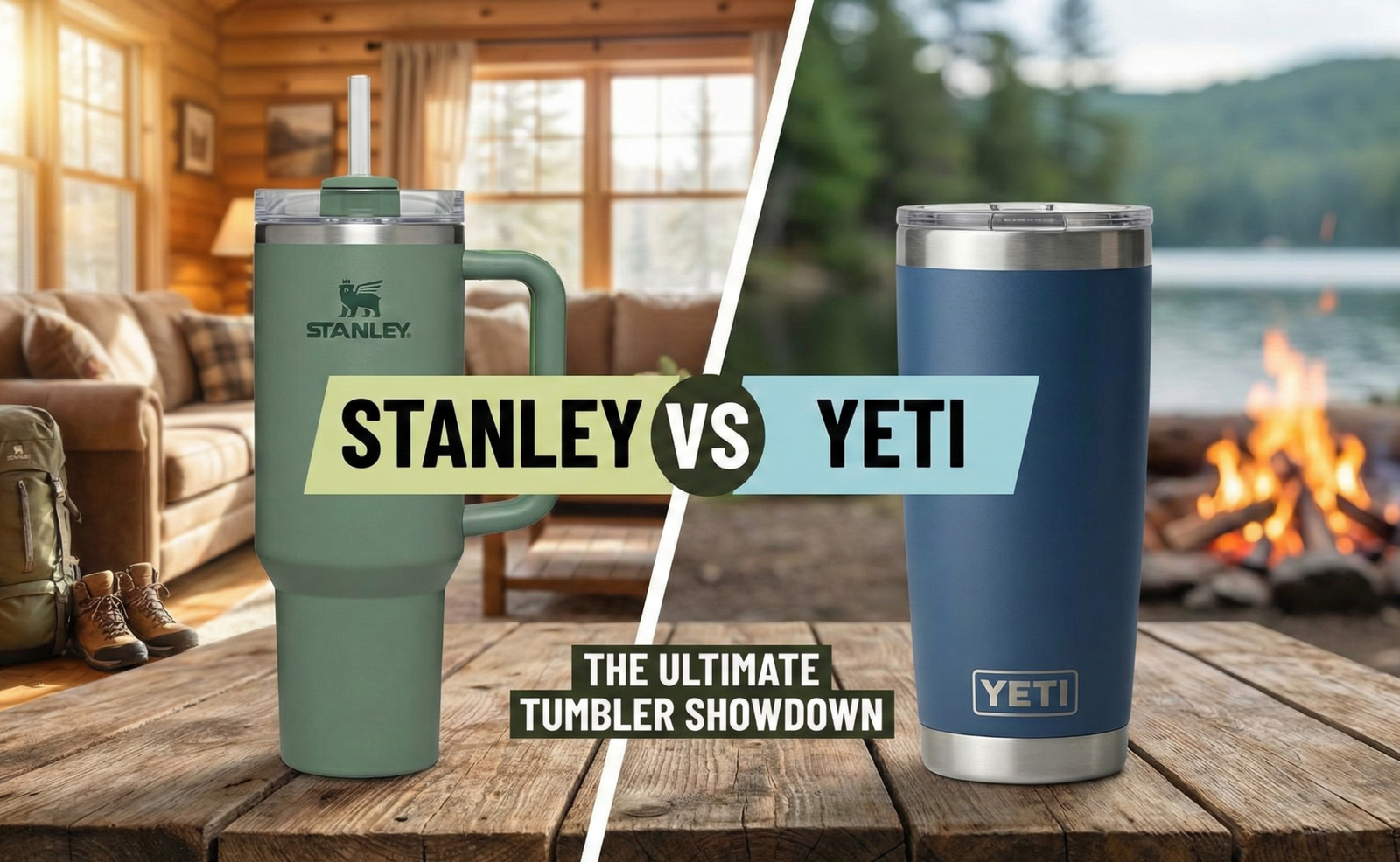Stanley Quencher and Yeti Rambler tumblers sitting side by side on a table