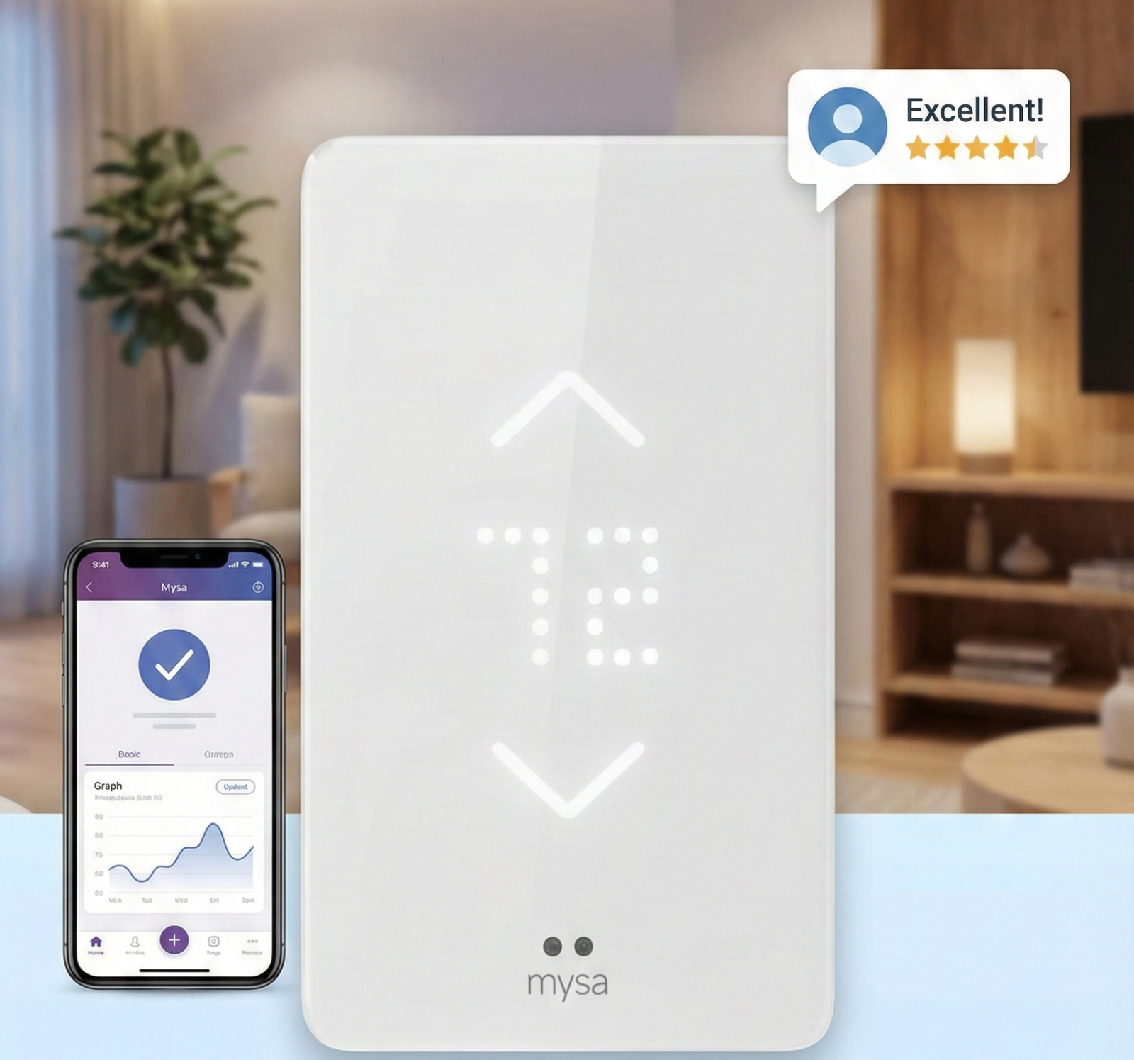 Mysa Smart Thermostat V2 mounted on a modern grey wall