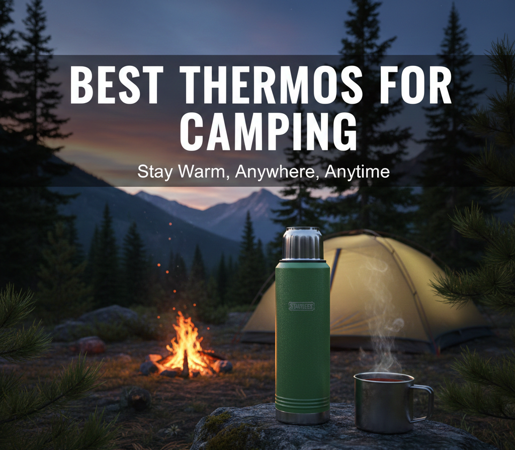 Camping thermos sitting on a rock near a tent