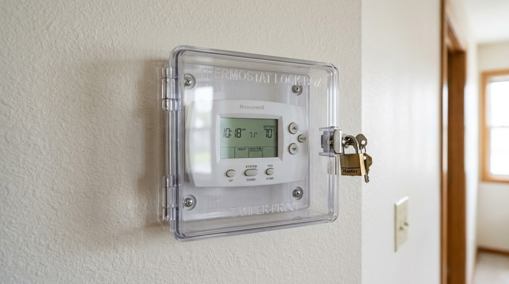 Close-up of thermostat lock box on wall