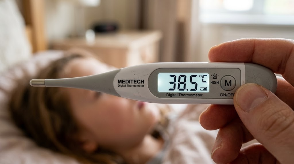 Digital thermometer close-up showing electronic display