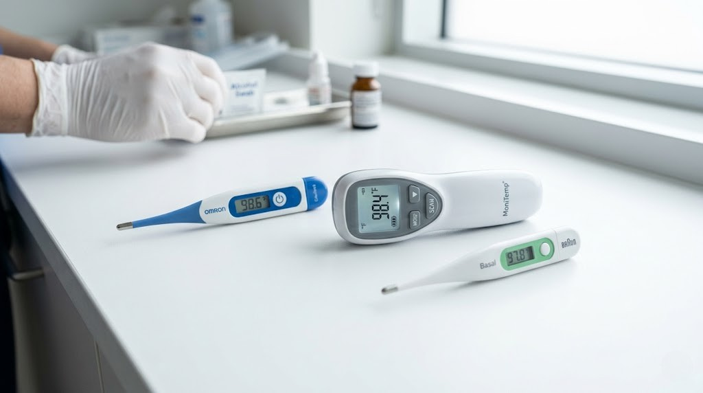 Digital thermometers on a clinical white surface