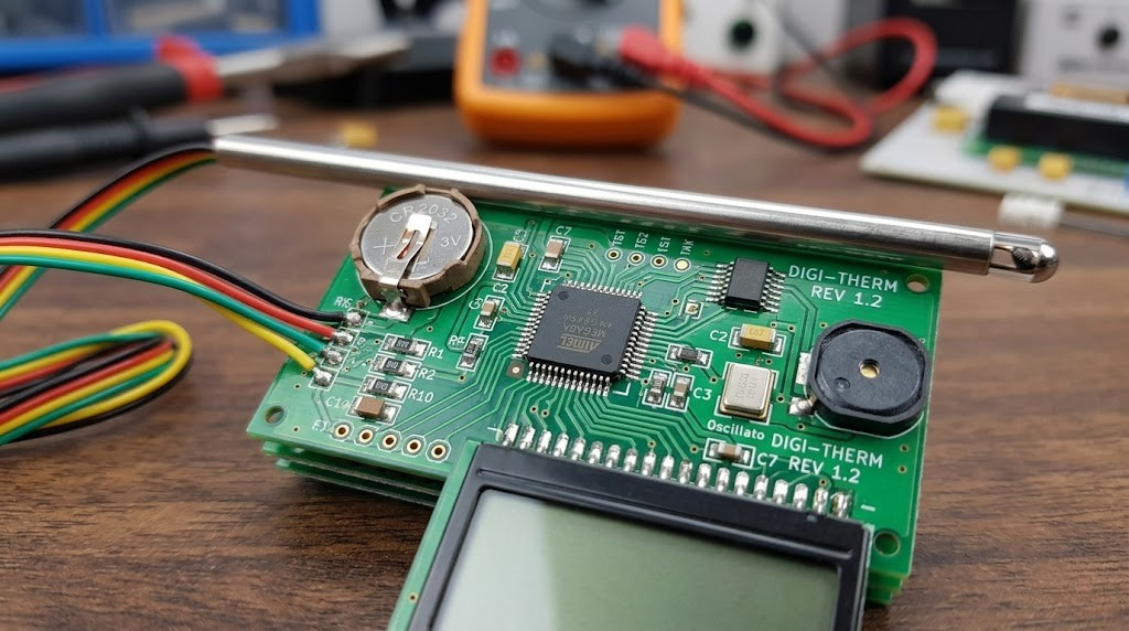Inside view of a digital thermometer circuit board with sensor probe