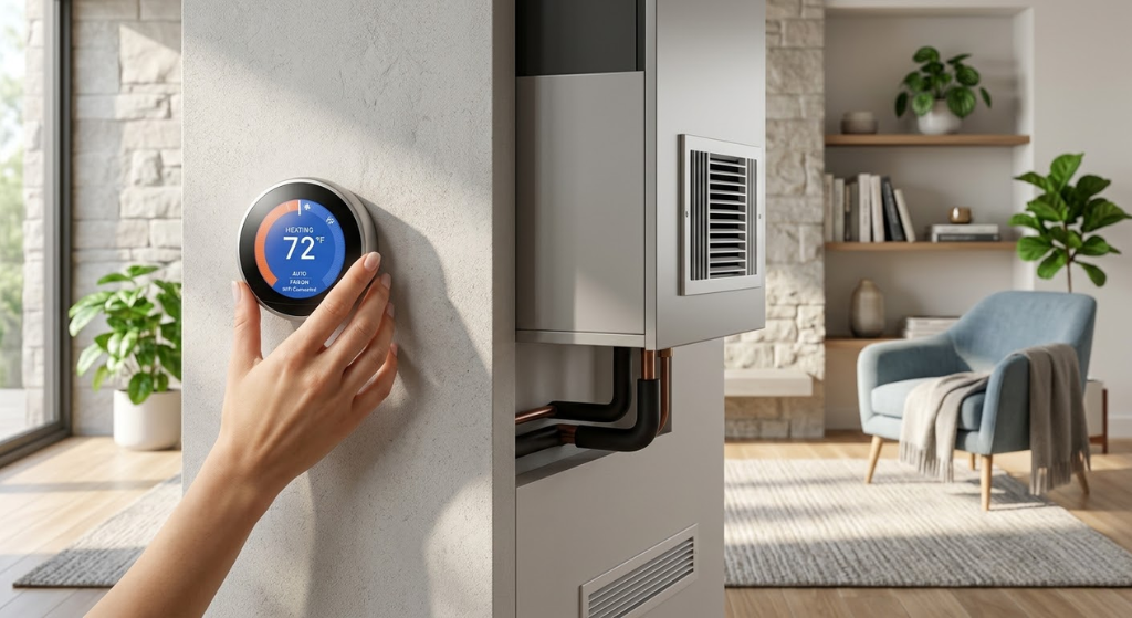Modern HVAC system with smart thermostat control panel on home wall