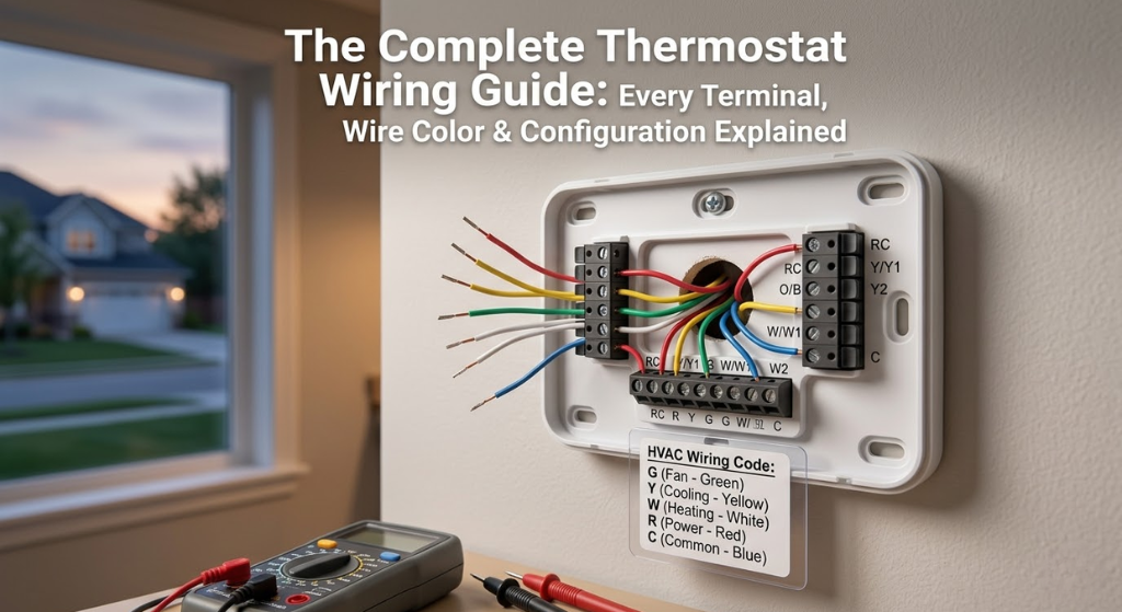 Thermostat wiring terminals showing labelled wire connections on a residential HVAC control board