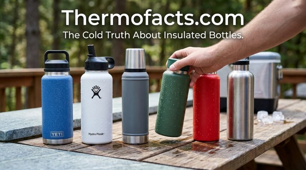 A row of insulated stainless steel water bottles with condensation droplets, demonstrating cold-retention performance