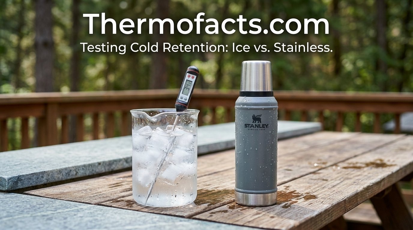 Close-up of ice cubes inside a clear container next to a stainless steel thermos bottle, illustrating cold-retention testing