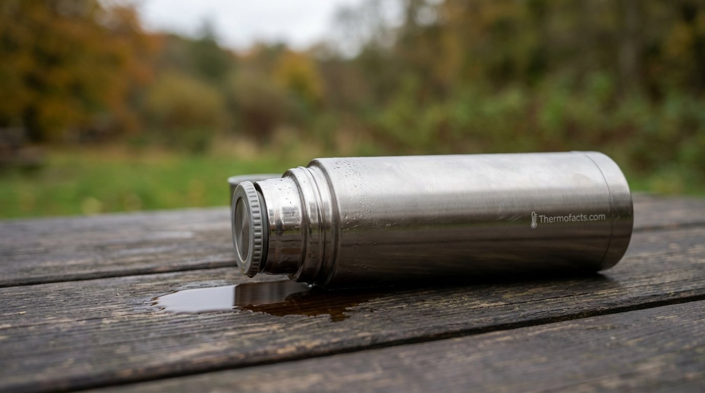 A stainless steel thermos lying on its side with a small puddle of liquid, illustrating a leaking thermos