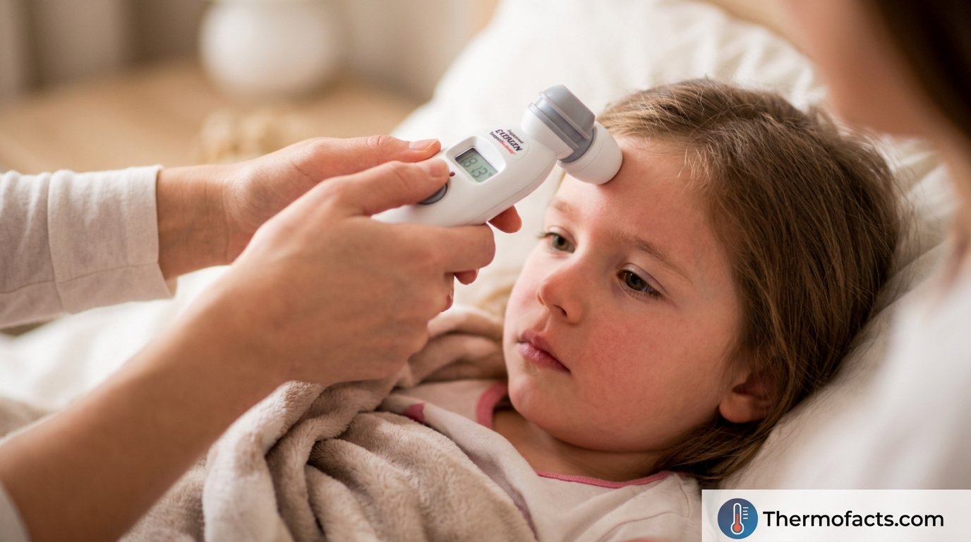 Close up of a parent taking a child's temperature with a temporal artery thermometer