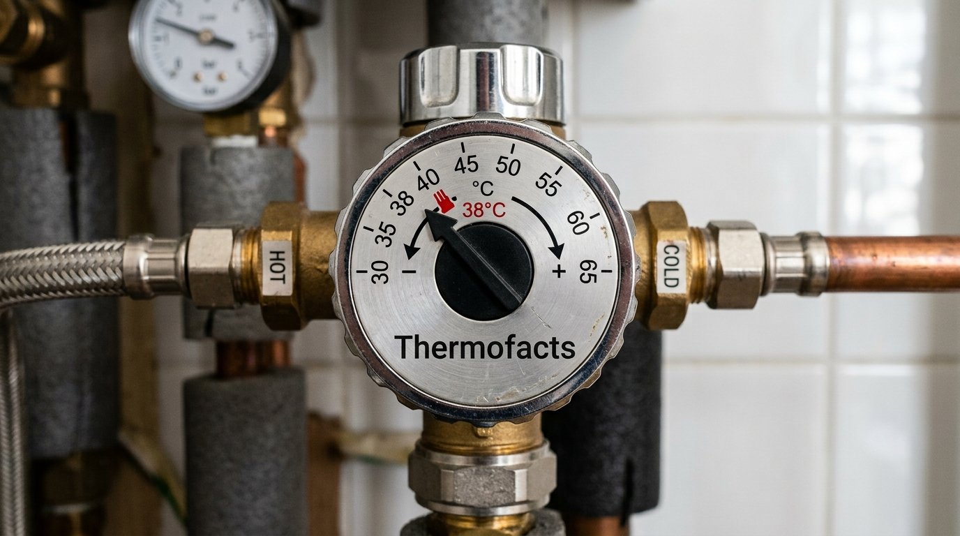 Close-up of a thermostatic mixing valve dial showing temperature markings