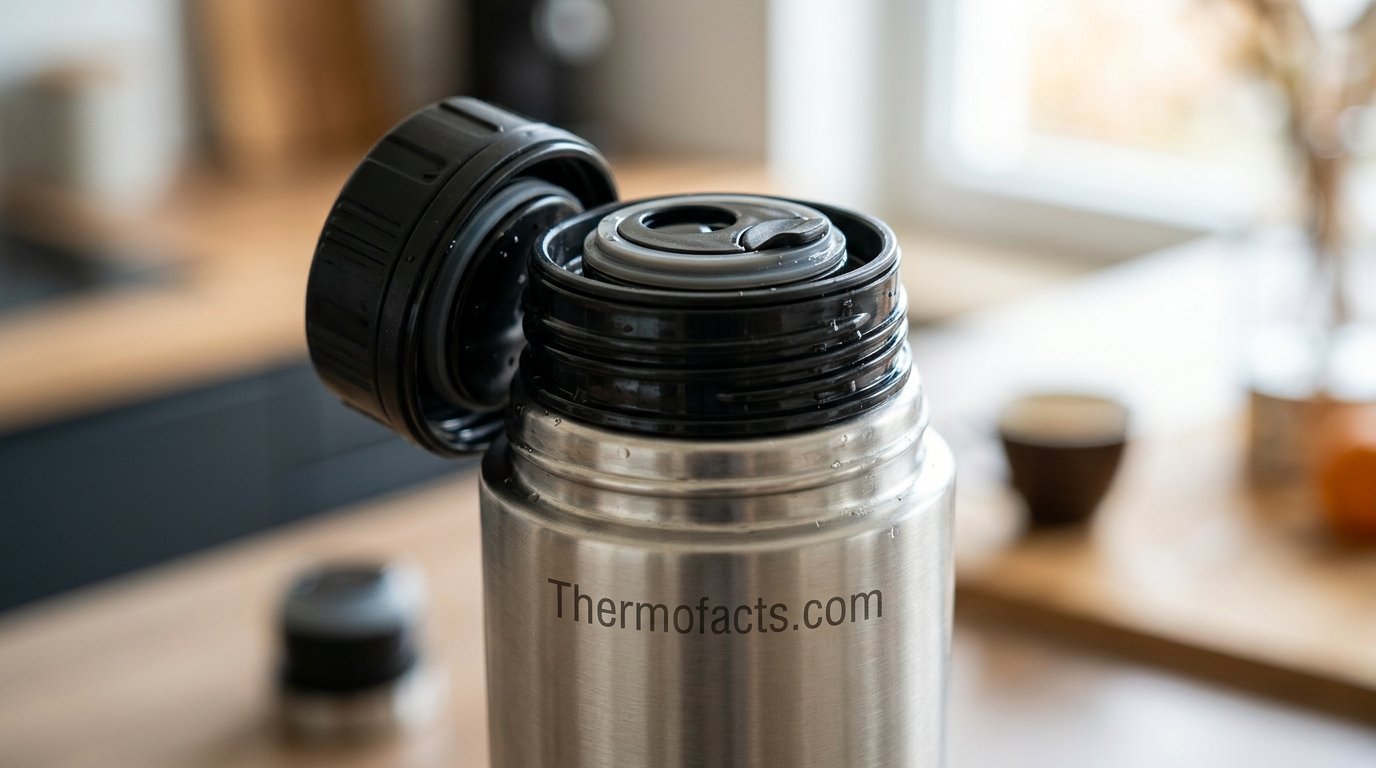 Close-up of an insulated steel thermos bottle lid and cap system