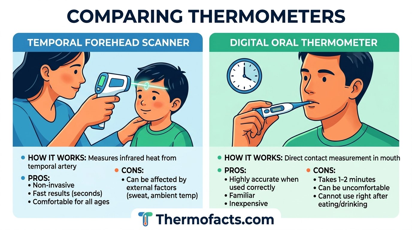 Comparison illustration of a temporal forehead scanner and a digital oral thermometer
