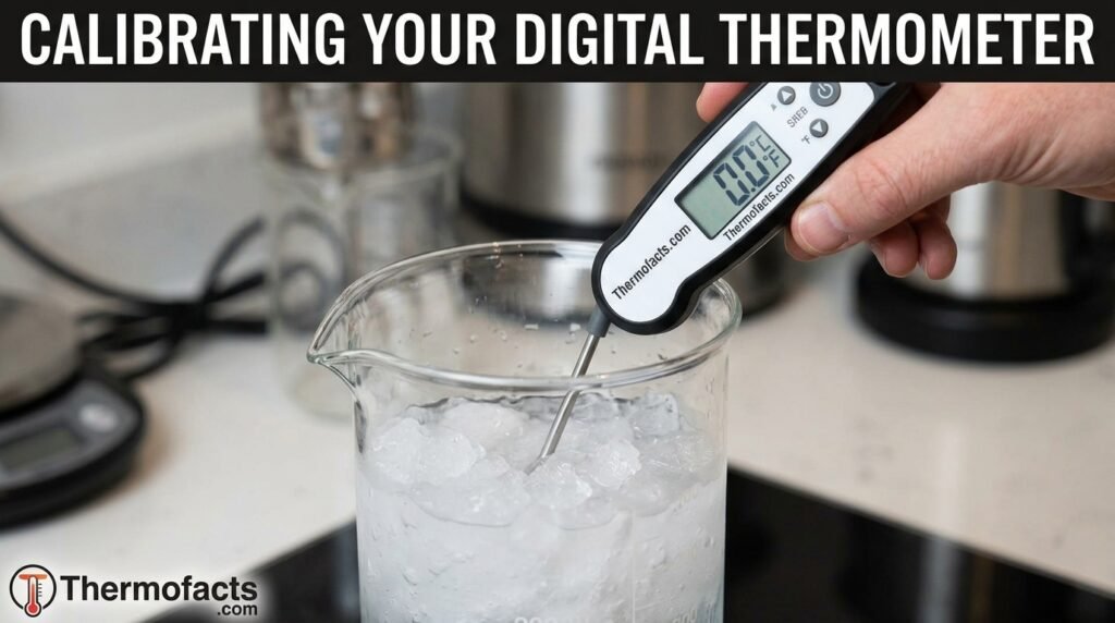 Digital thermometer being calibrated in a glass of ice water