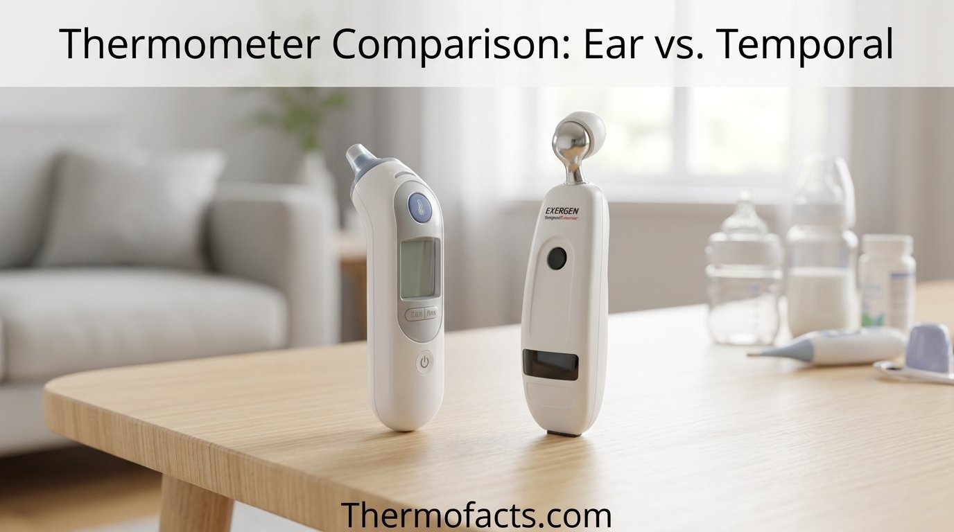 Ear thermometer and temporal thermometer side by side on a table for comparison
