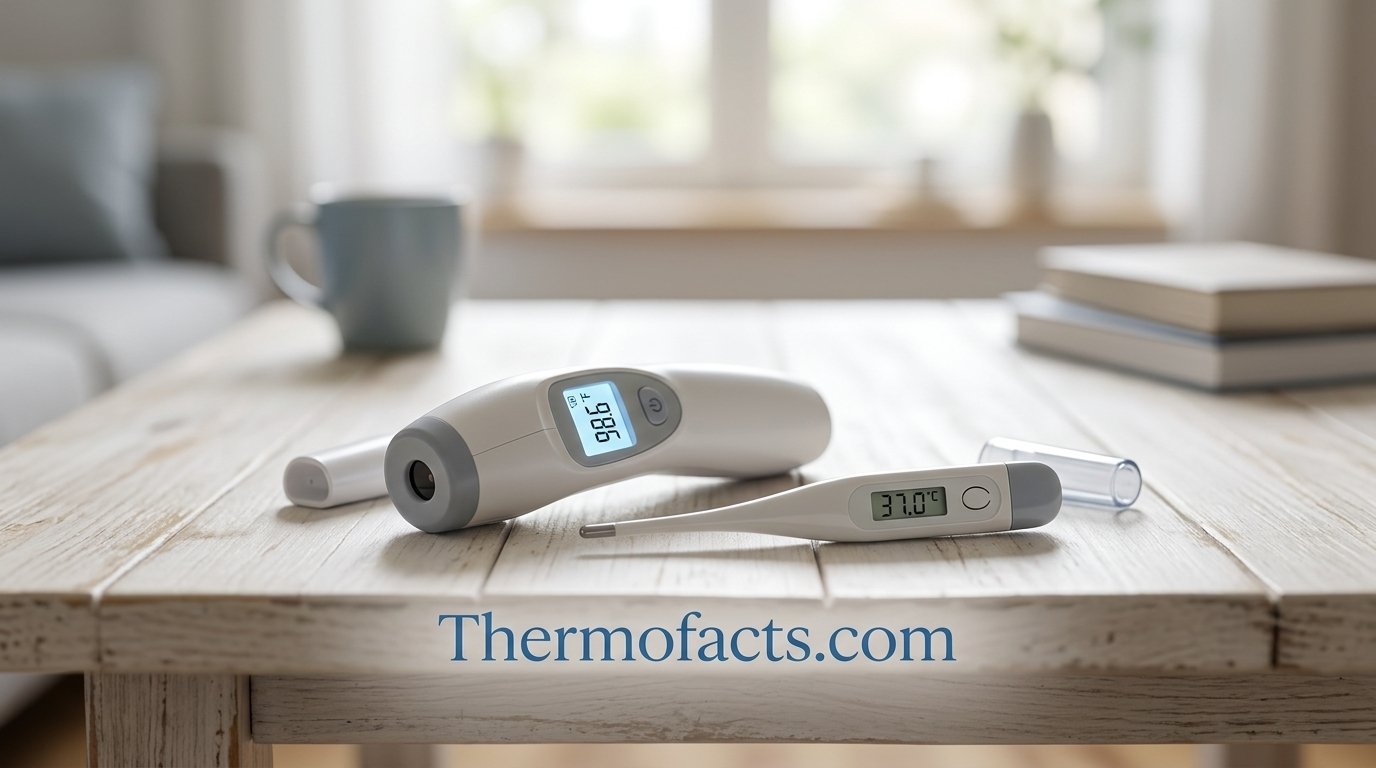 Forehead thermometer and oral thermometer side by side on a table