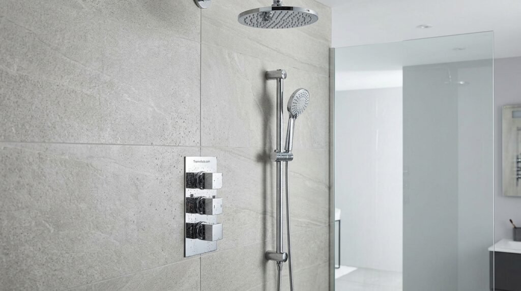 Modern thermostatic shower valve mounted on a tiled bathroom wall