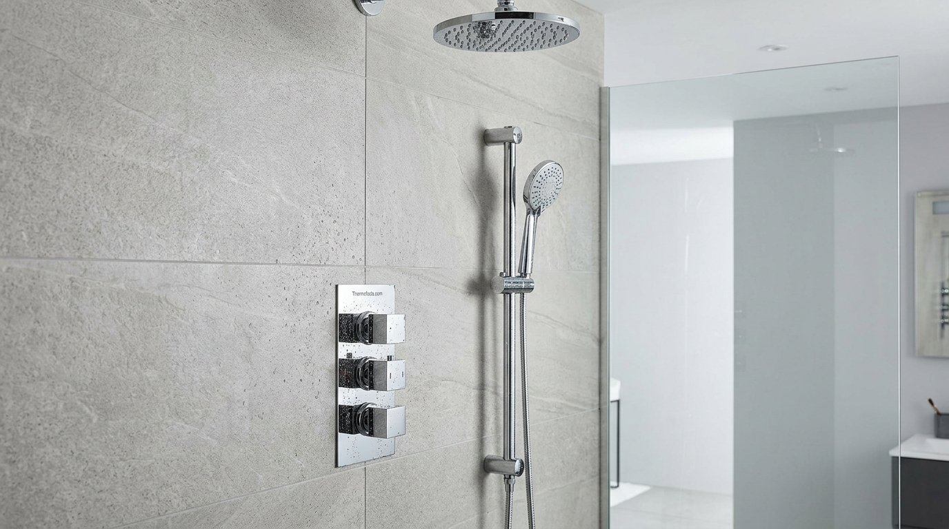 Modern thermostatic shower valve mounted on a tiled bathroom wall