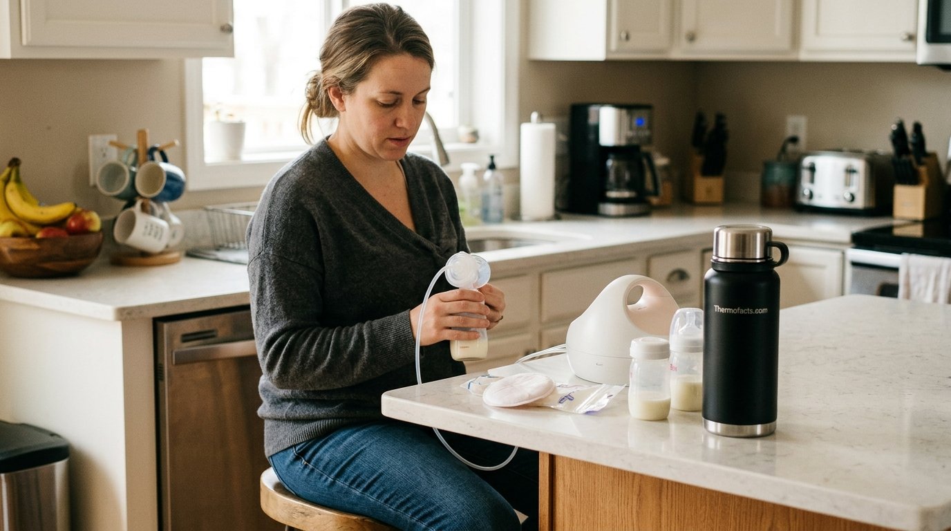 Mother pumping breastmilk next to an insulated thermos on a kitchen counter