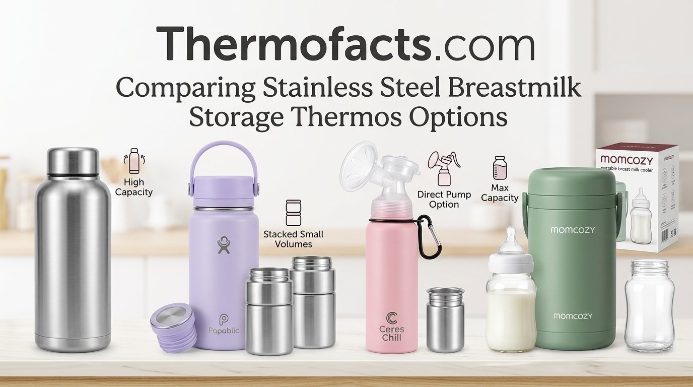 Stainless steel insulated bottles lined up representing breastmilk storage thermos options