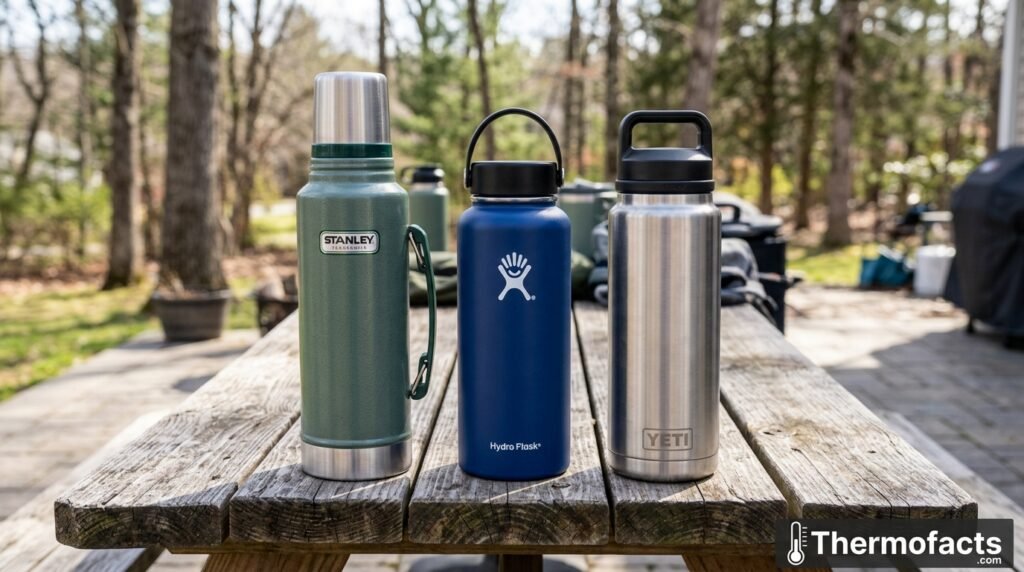 Stanley, Hydro Flask, and Yeti insulated bottles lined up side by side on a wooden table